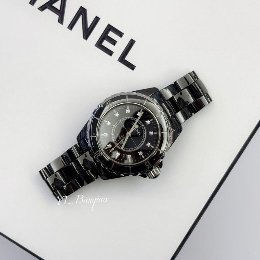 CHANEL 38MM12點鑽黑色陶瓷錶 H5702-1