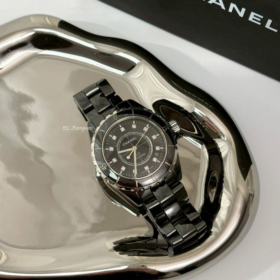 CHANEL 38MM12點鑽黑色陶瓷錶 H5702-0