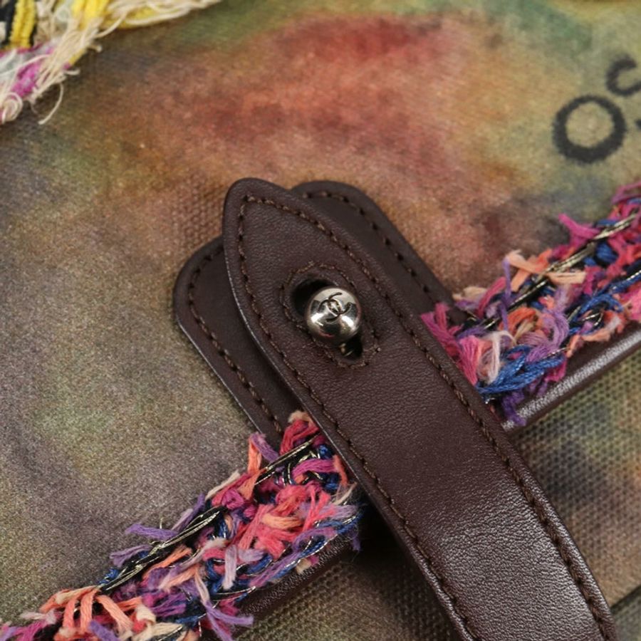 【日本直送】香奈兒刺繡塗鴉單背包 帆布皮革 卡其色 CC 正品 yk18413SM-22