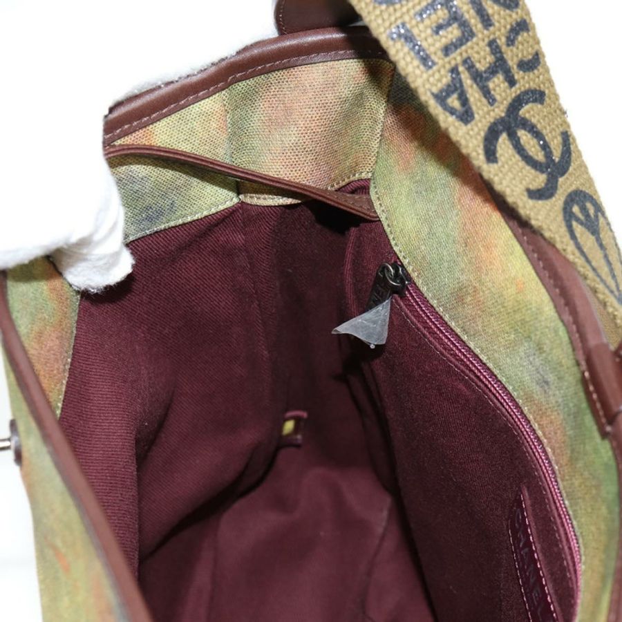 【日本直送】香奈兒刺繡塗鴉單背包 帆布皮革 卡其色 CC 正品 yk18413SM-26