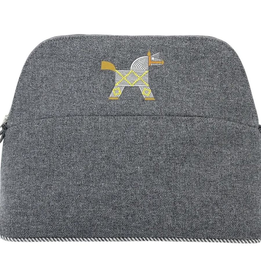 HERMES 愛馬仕 全新 Bolide Animaux Nattes 收納包 洗漱包 盥洗包 化妝包 側背包 灰色 羊毛氈-0