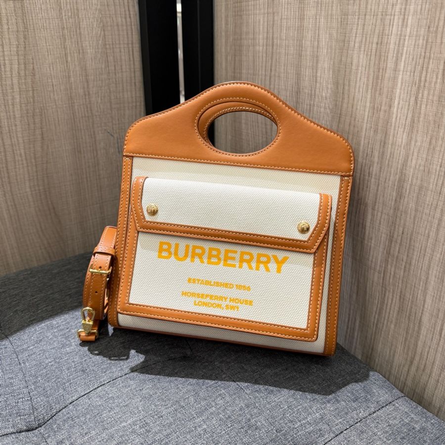 BURBERRY 8036812焦糖色牛皮拼米白色帆布手提包 斜背包-0