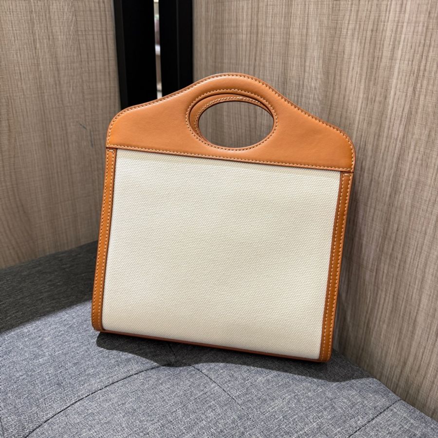 BURBERRY 8036812焦糖色牛皮拼米白色帆布手提包 斜背包-1