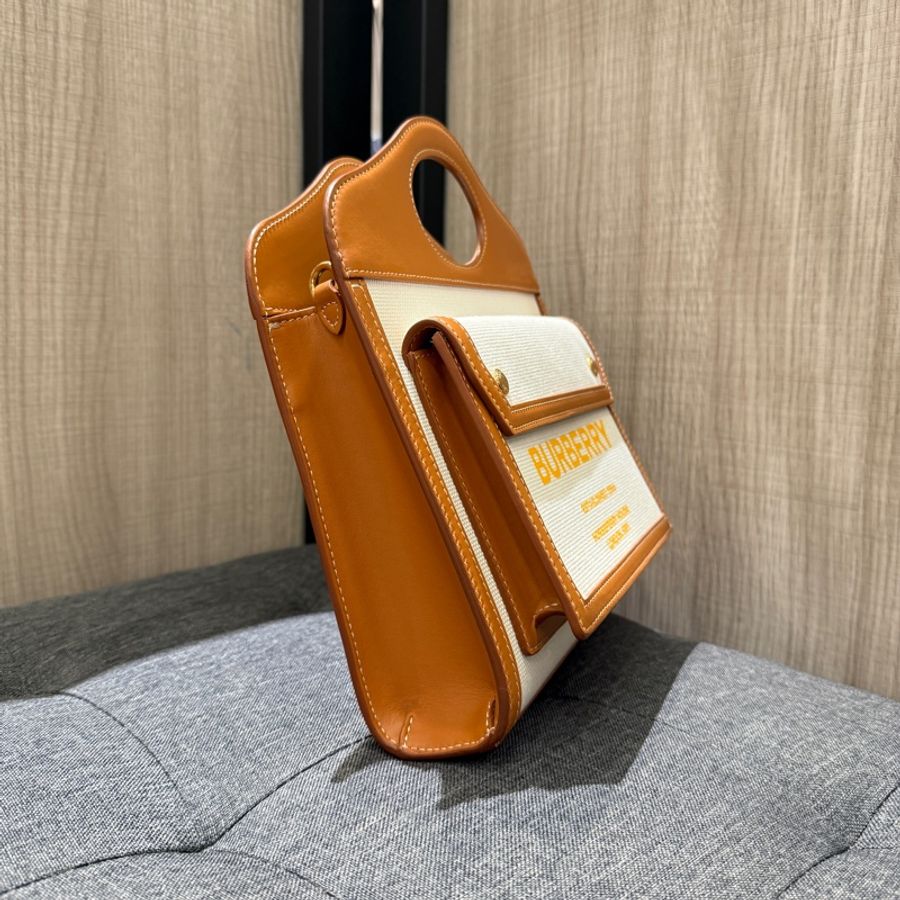 BURBERRY 8036812焦糖色牛皮拼米白色帆布手提包 斜背包-2