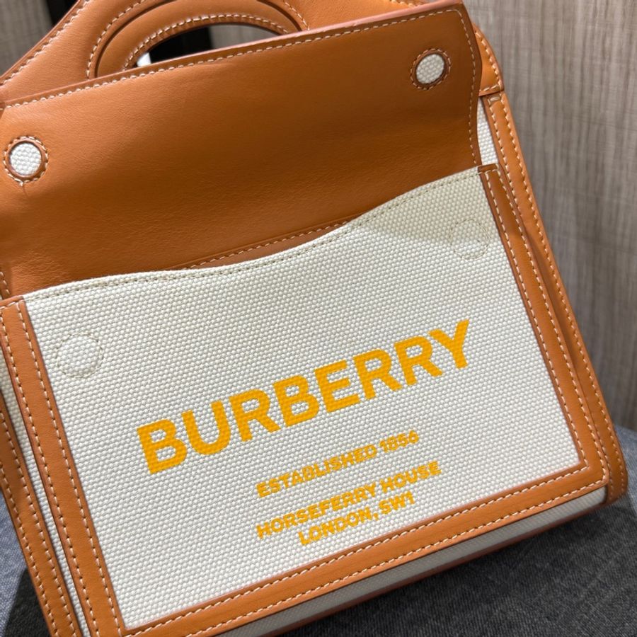 BURBERRY 8036812焦糖色牛皮拼米白色帆布手提包 斜背包-6