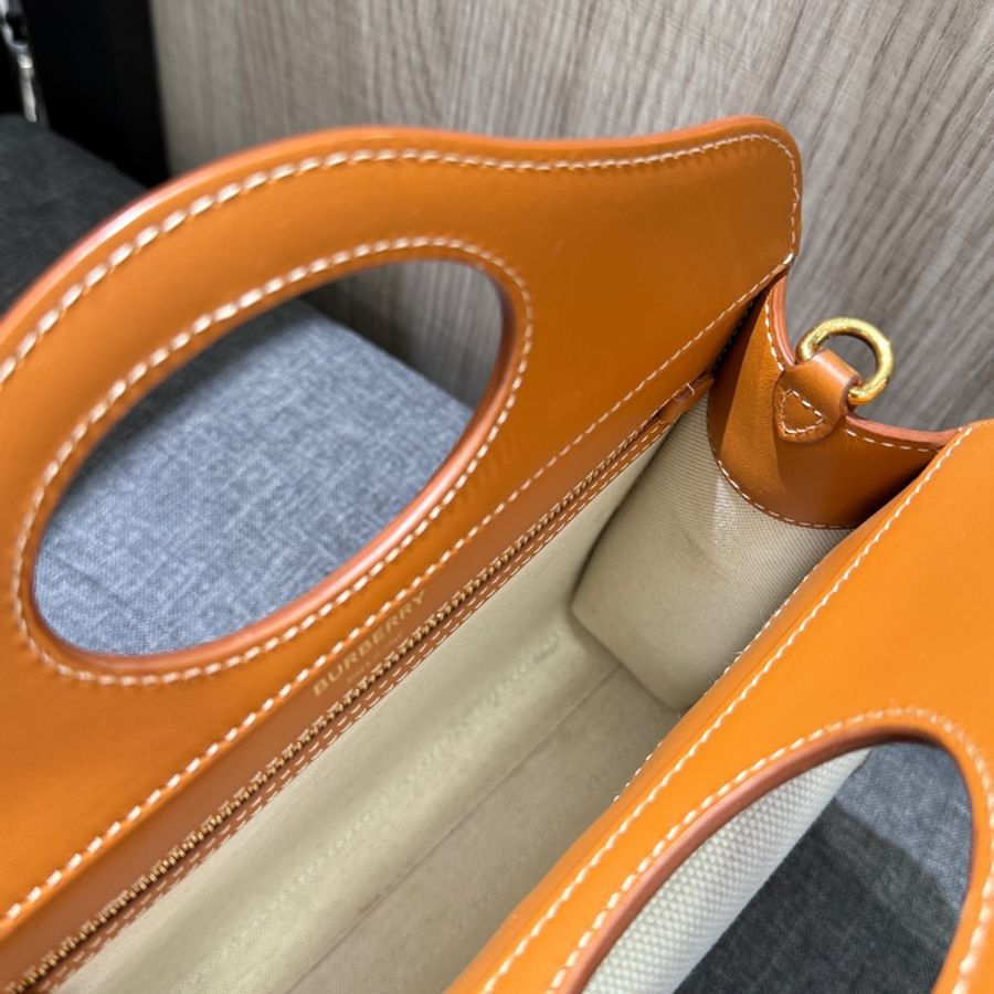 BURBERRY 8036812焦糖色牛皮拼米白色帆布手提包 斜背包-8