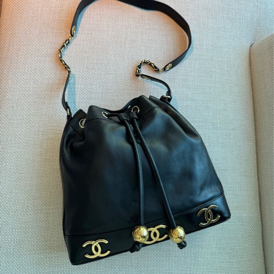 CHANEL 香奈兒 vintage 黑金 金球 子母包 水桶包 肩背包 斜背包 側背包 手提包-0
