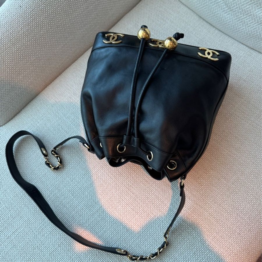 CHANEL 香奈兒 vintage 黑金 金球 子母包 水桶包 肩背包 斜背包 側背包 手提包-2