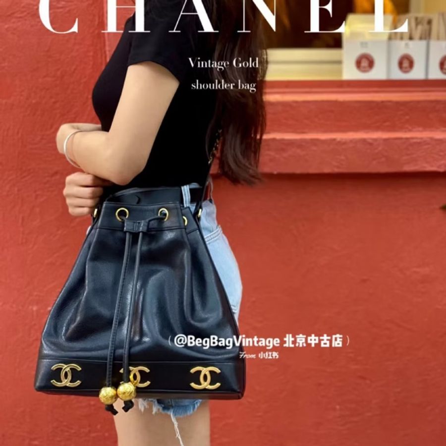 CHANEL 香奈兒 vintage 黑金 金球 子母包 水桶包 肩背包 斜背包 側背包 手提包-9
