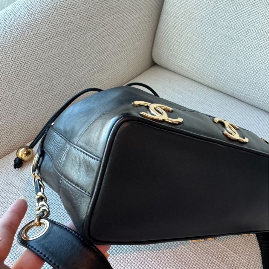 CHANEL 香奈兒 vintage 黑金 金球 子母包 水桶包 肩背包 斜背包 側背包 手提包-11