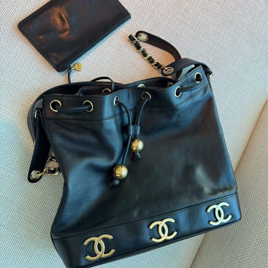 CHANEL 香奈兒 vintage 黑金 金球 子母包 水桶包 肩背包 斜背包 側背包 手提包-19