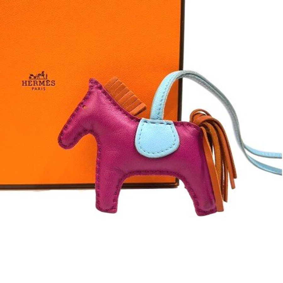 HERMES 桃紫拚橘羊皮小馬吊飾-2