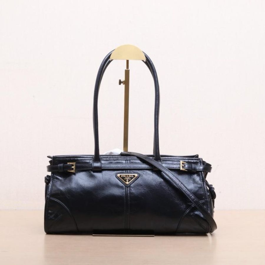 PRADA(普拉達) Soft Lux 中號 油蠟皮 黑色 油蠟皮 金扣-0