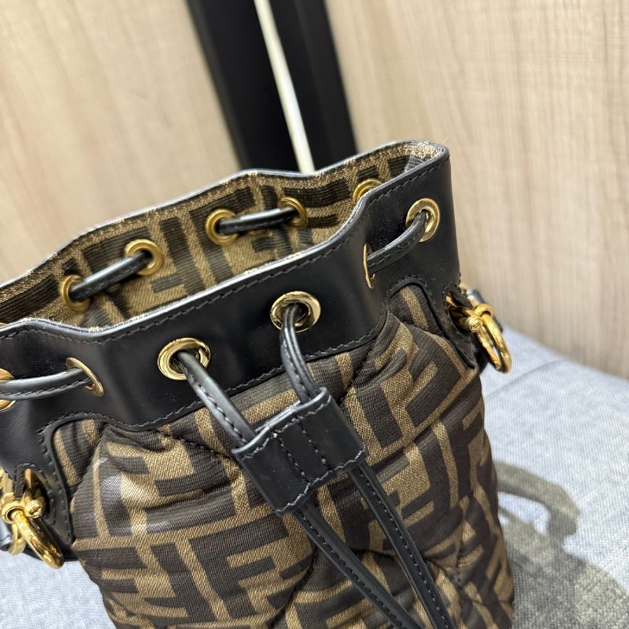 FENDI Mon Tresor 黑色牛皮拼真絲尼龍金釦束口水桶包 手提包 迷你手袋-7