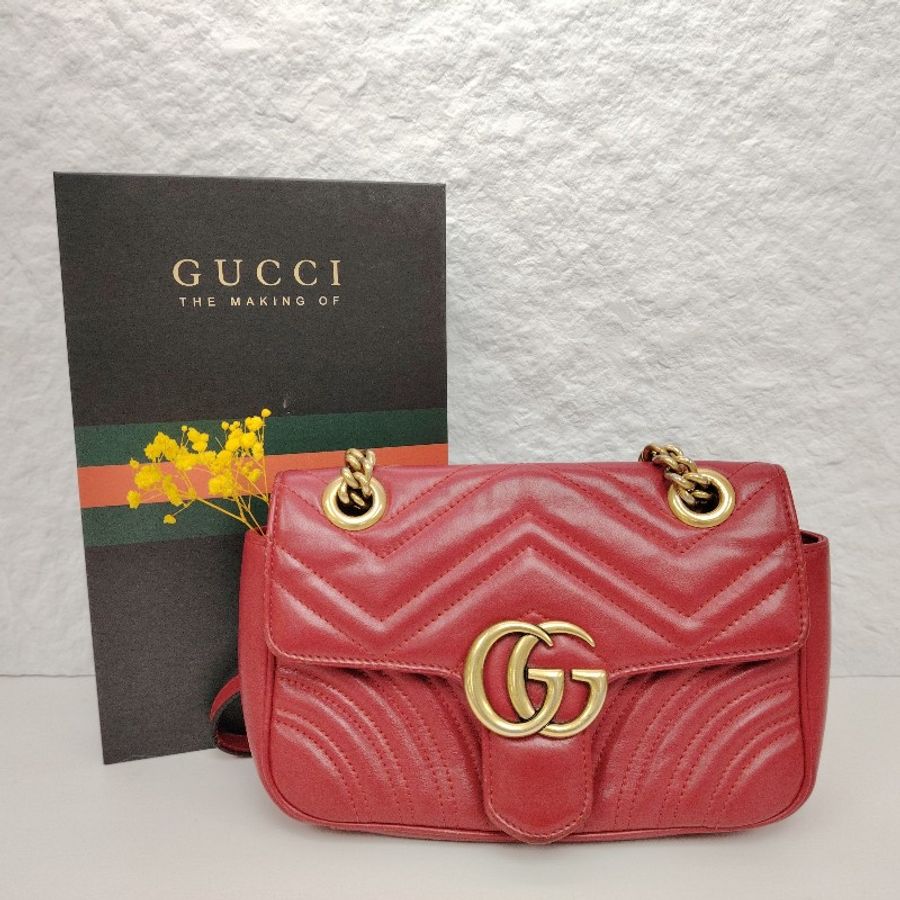 GUCCI 馬蒙 Marmont 紅色 波浪紋拼圓弧紋 牛皮 小號 22 鏈條-0