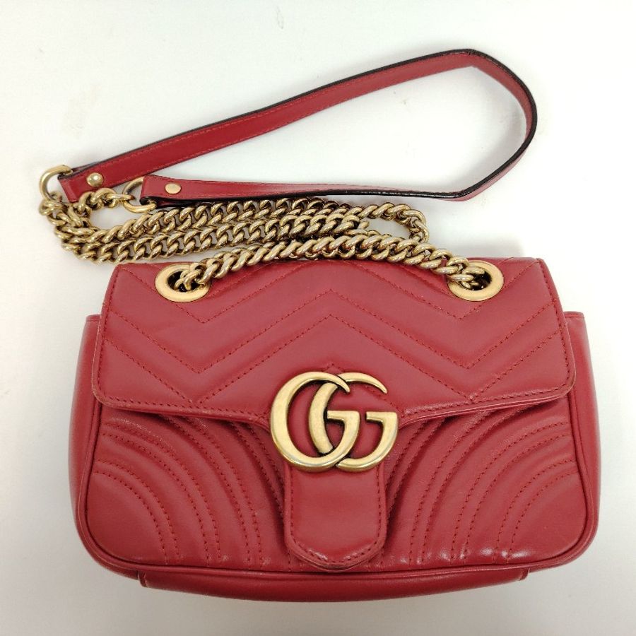 GUCCI 馬蒙 Marmont 紅色 波浪紋拼圓弧紋 牛皮 小號 22 鏈條-4