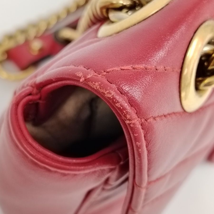 GUCCI 馬蒙 Marmont 紅色 波浪紋拼圓弧紋 牛皮 小號 22 鏈條-8