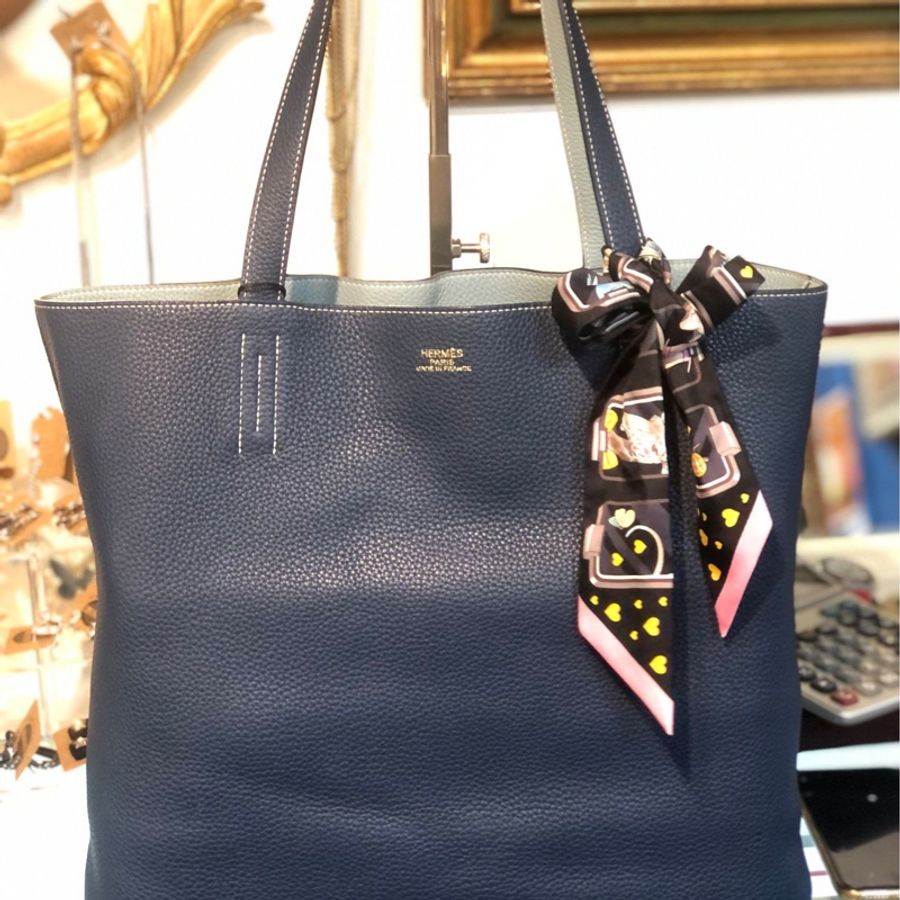HERMES Clemence皮革Double Sens手挽袋深藍色-0