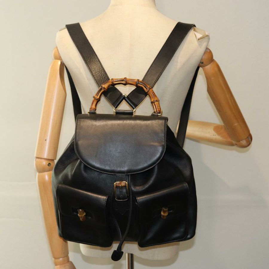 【日本直送】GUCCI 竹節皮革雙肩包 黑色 Auth am6663-30