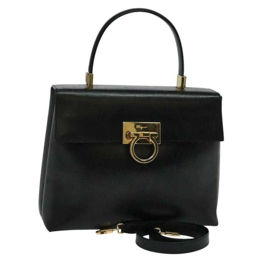 【日本直送】Salvatore Ferragamo Gancini 手提包 皮革 2way 黑色 金色 Auth hk2029-0