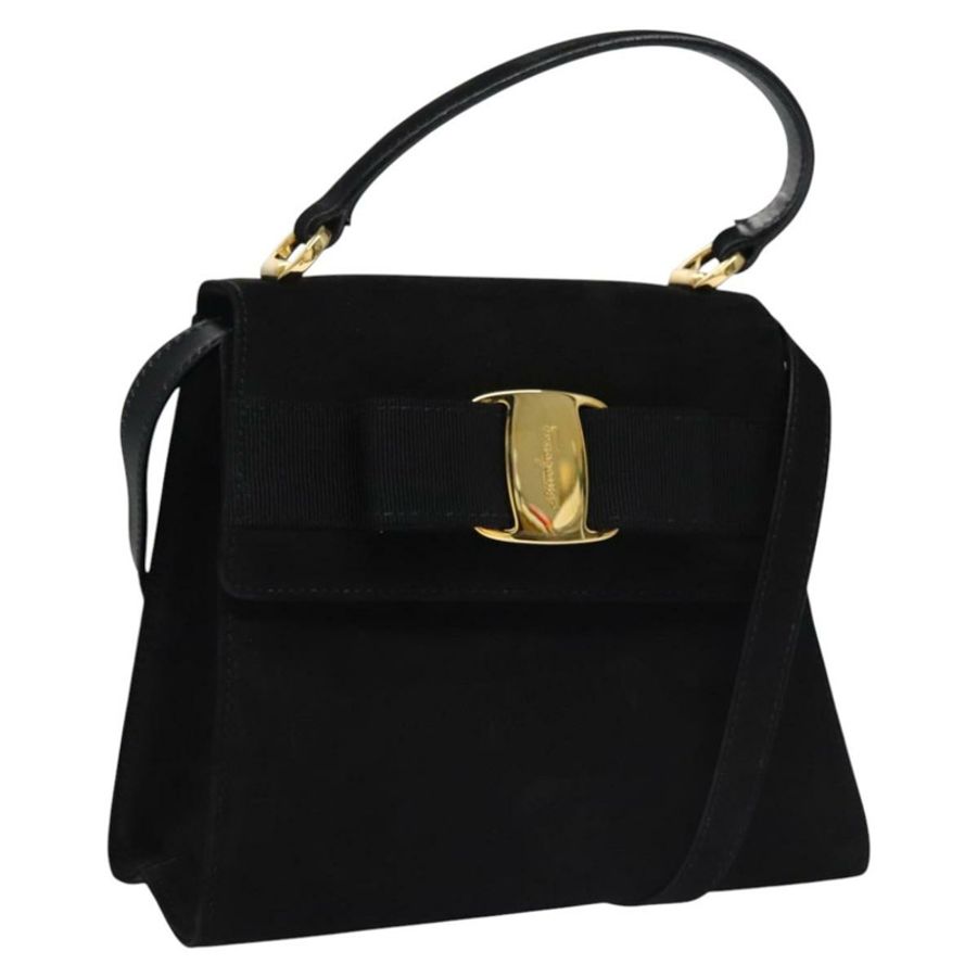【日本直送】Salvatore Ferragamo Vala 手提包 麂皮 2way 黑色 金色 Auth BA373-0
