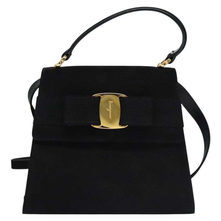 【日本直送】Salvatore Ferragamo Vala 手提包 麂皮 2way 黑色 金色 Auth BA373-12
