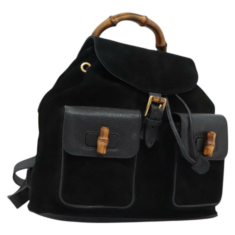【日本直送】GUCCI 竹節雙肩包 絨面革 黑色 金色 003 58 0016 Auth nb144-0