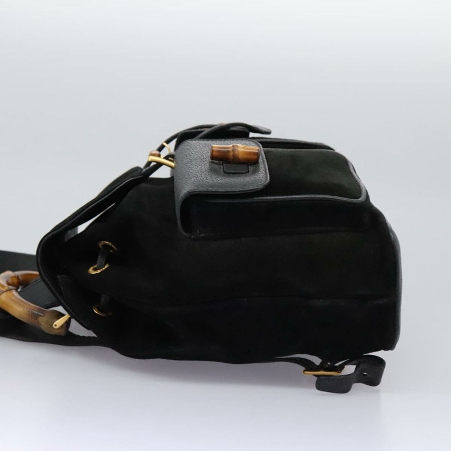 【日本直送】GUCCI 竹節雙肩包 絨面革 黑色 金色 003 58 0016 Auth nb144-2