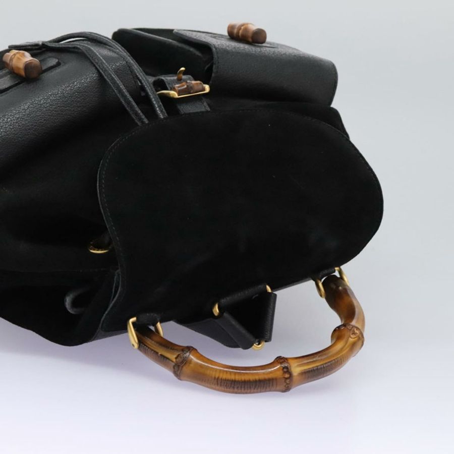 【日本直送】GUCCI 竹節雙肩包 絨面革 黑色 金色 003 58 0016 Auth nb144-5