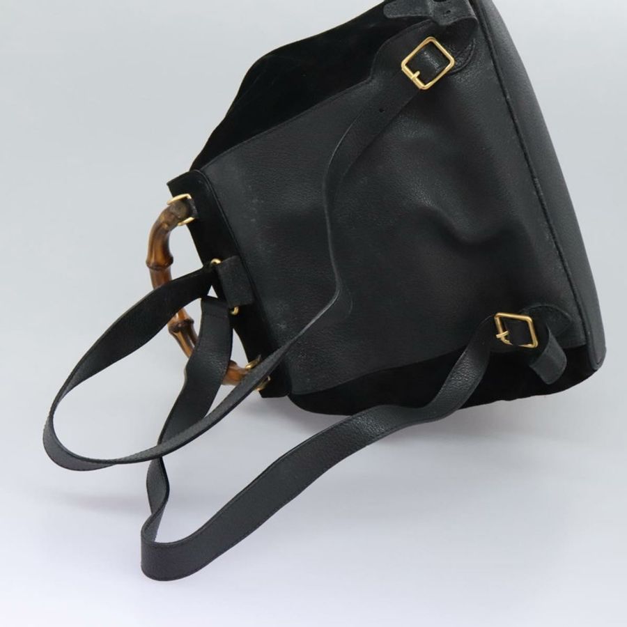 【日本直送】GUCCI 竹節雙肩包 絨面革 黑色 金色 003 58 0016 Auth nb144-7