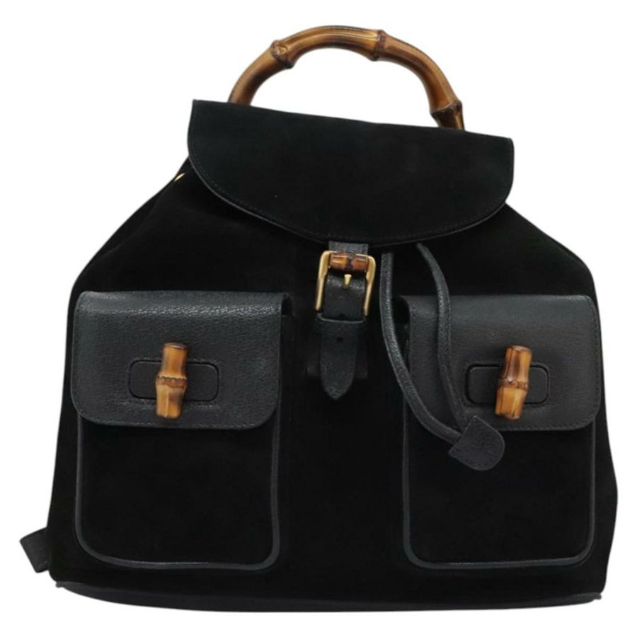【日本直送】GUCCI 竹節雙肩包 絨面革 黑色 金色 003 58 0016 Auth nb144-12