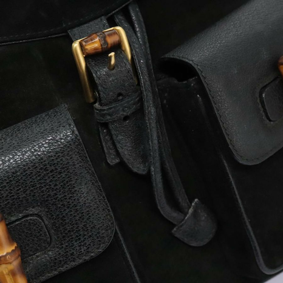 【日本直送】GUCCI 竹節雙肩包 絨面革 黑色 金色 003 58 0016 Auth nb144-21