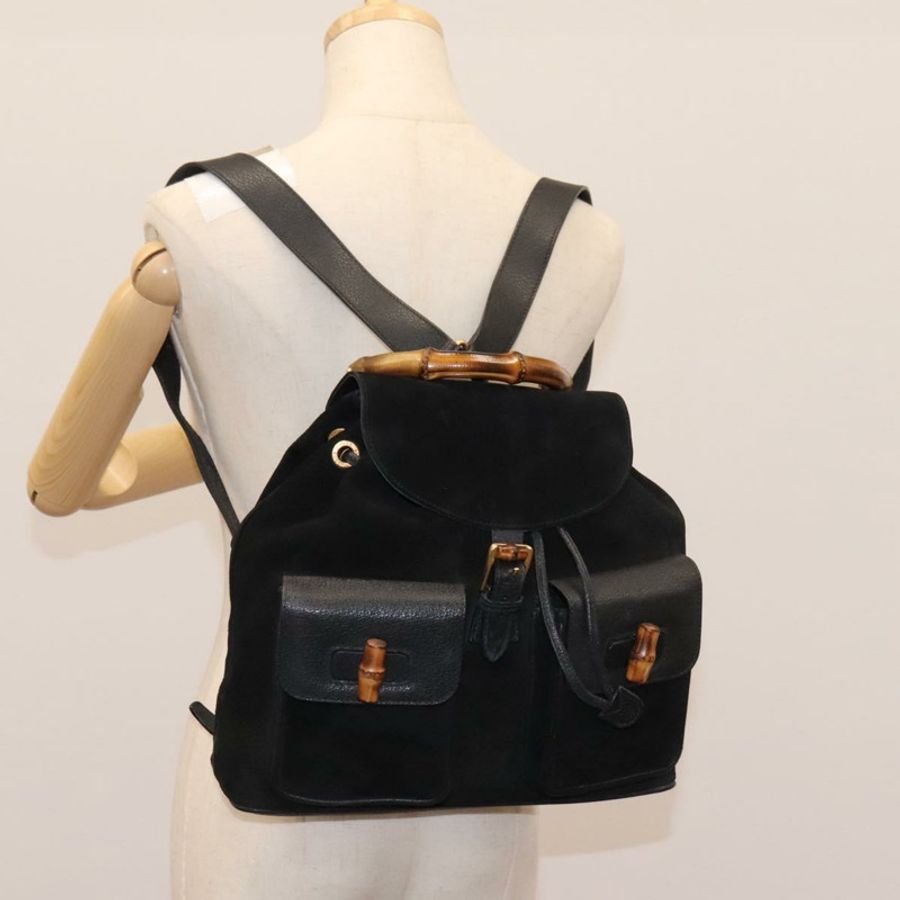 【日本直送】GUCCI 竹節雙肩包 絨面革 黑色 金色 003 58 0016 Auth nb144-29