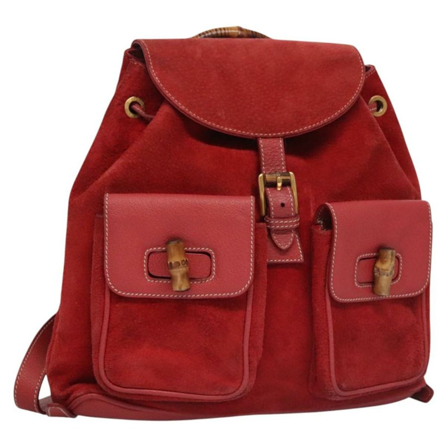 【日本直送】GUCCI 竹節雙肩包 絨面革 紅色 金色 003 2058 0016 Auth nb202-0