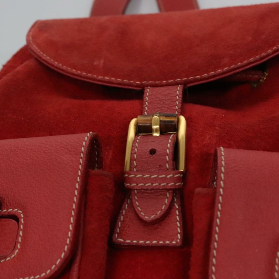 【日本直送】GUCCI 竹節雙肩包 絨面革 紅色 金色 003 2058 0016 Auth nb202-22