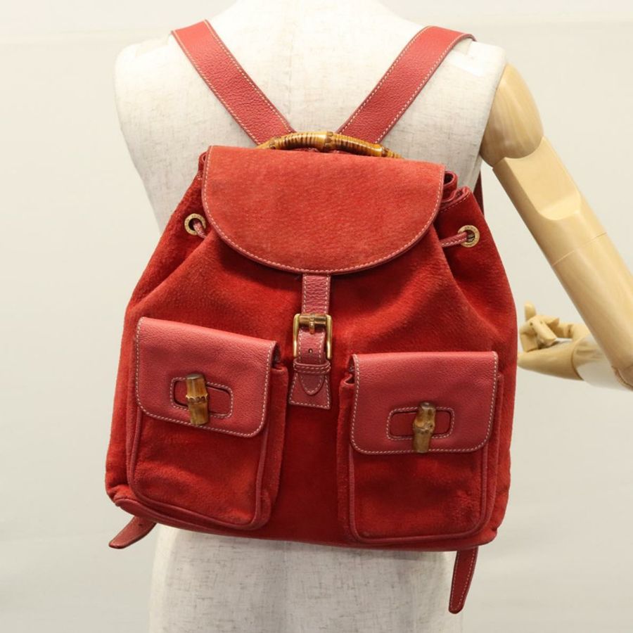 【日本直送】GUCCI 竹節雙肩包 絨面革 紅色 金色 003 2058 0016 Auth nb202-30