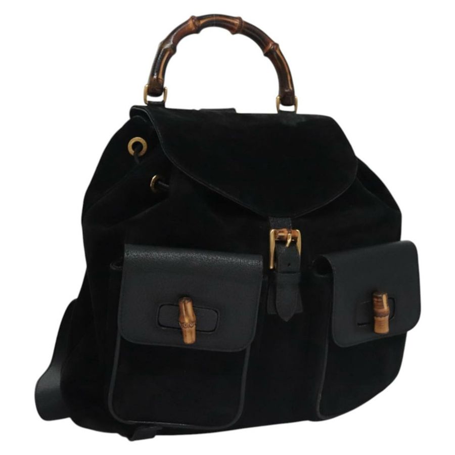 【日本直送】GUCCI 竹節雙肩包 絨面革 黑色 金色 003 58 0016 Auth nb007-0