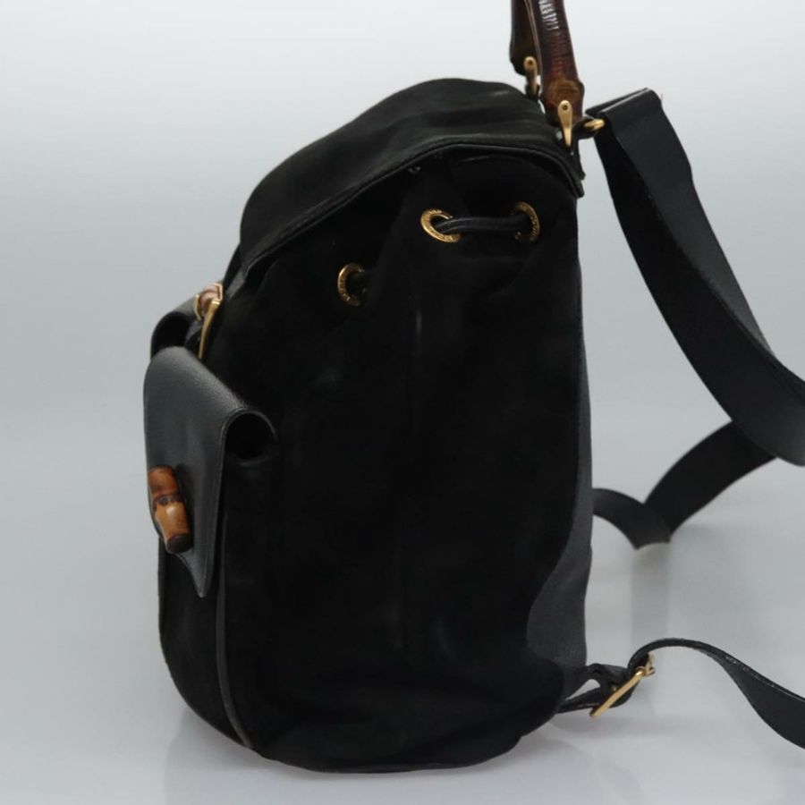 【日本直送】GUCCI 竹節雙肩包 絨面革 黑色 金色 003 58 0016 Auth nb007-2