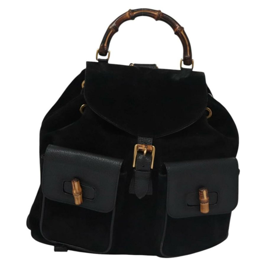 【日本直送】GUCCI 竹節雙肩包 絨面革 黑色 金色 003 58 0016 Auth nb007-12