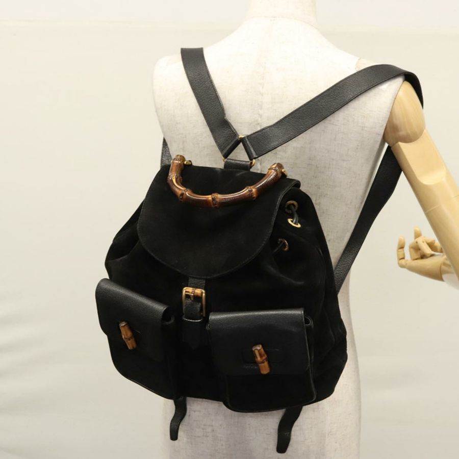 【日本直送】GUCCI 竹節雙肩包 絨面革 黑色 金色 003 58 0016 Auth nb007-33