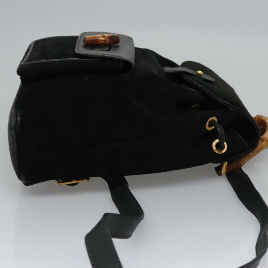 【日本直送】GUCCI 竹節雙肩包 絨面革 黑色 金色 003 1705 0030 Auth nb031-2