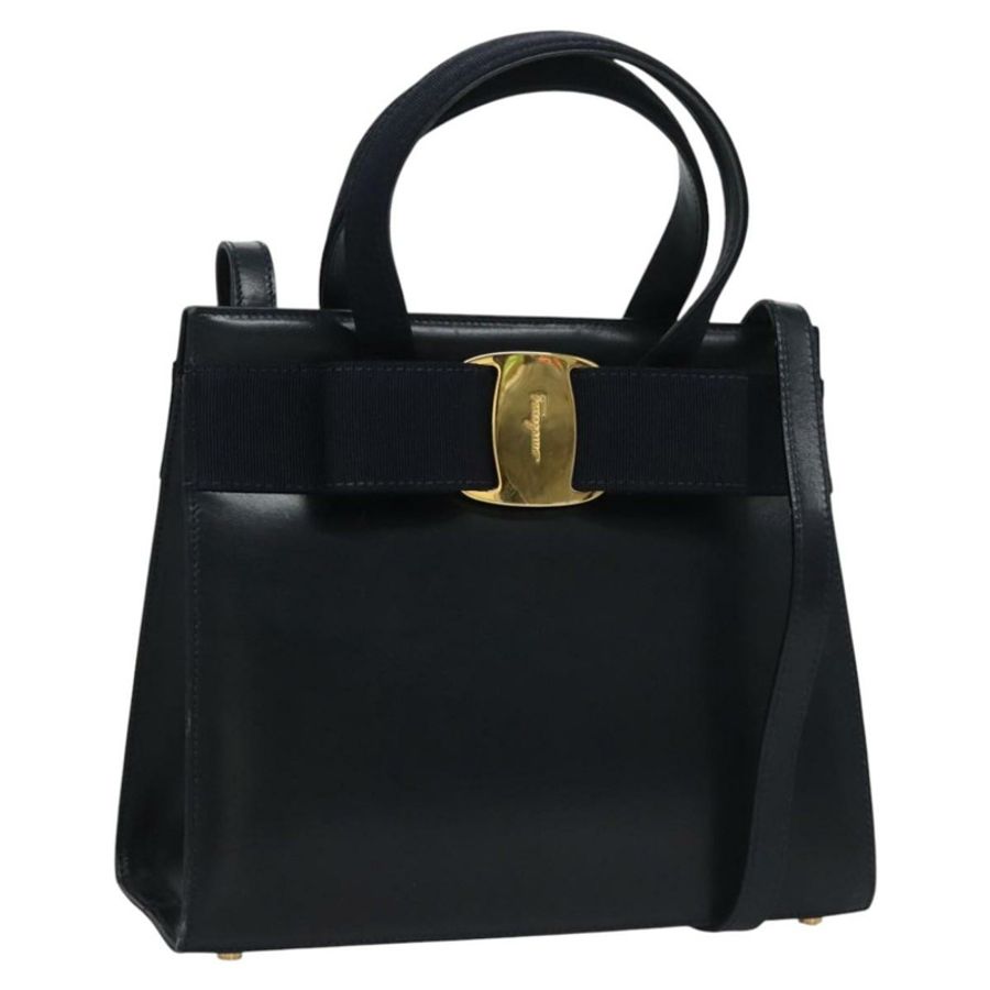【日本直送】Salvatore Ferragamo Vala 手提包 皮革 2way Navy Gold Auth BA817-0