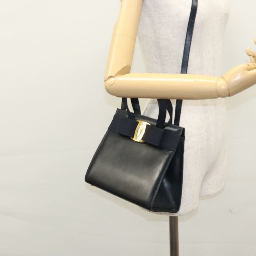 【日本直送】Salvatore Ferragamo Vala 手提包 皮革 2way Navy Gold Auth BA817-22