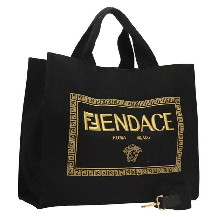【日本直送】FENDI VERSACE 聯名款 Fenderche 帆布托特包,黑色,兩用款,正品 bs23664-0