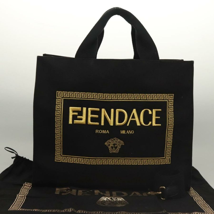 【日本直送】FENDI VERSACE 聯名款 Fenderche 帆布托特包,黑色,兩用款,正品 bs23664-11