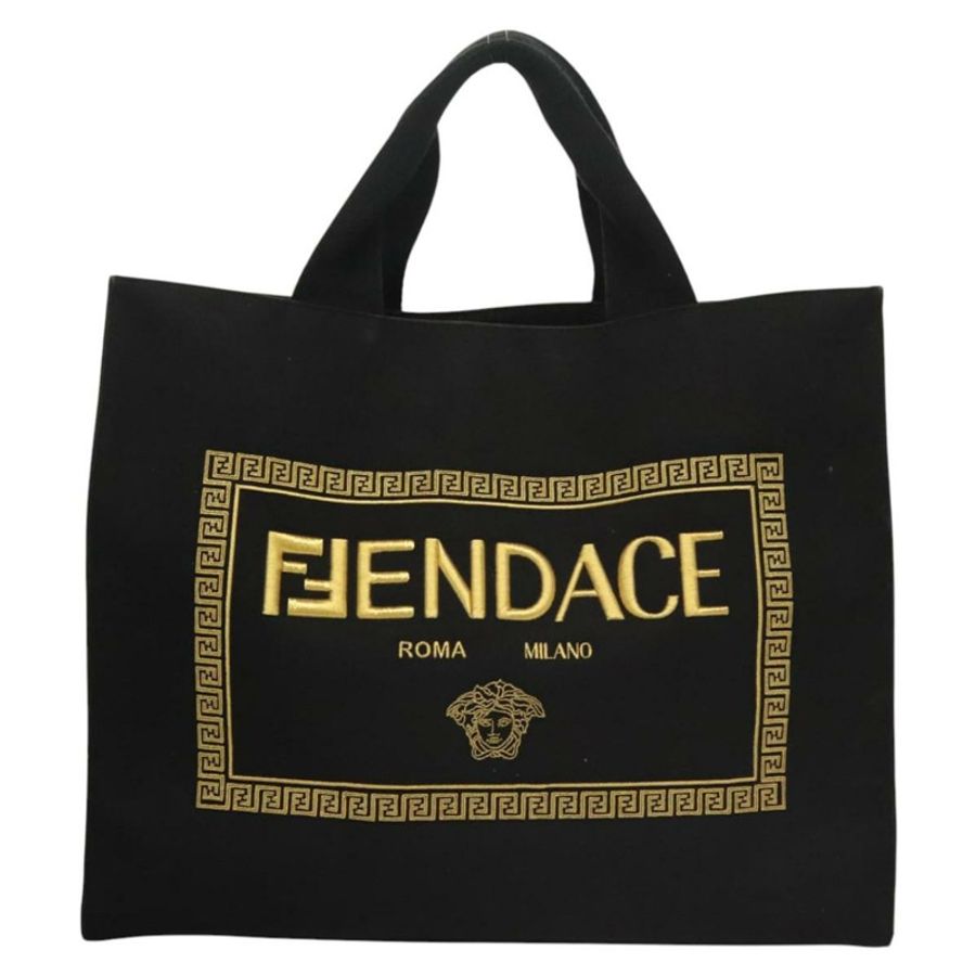 【日本直送】FENDI VERSACE 聯名款 Fenderche 帆布托特包,黑色,兩用款,正品 bs23664-12