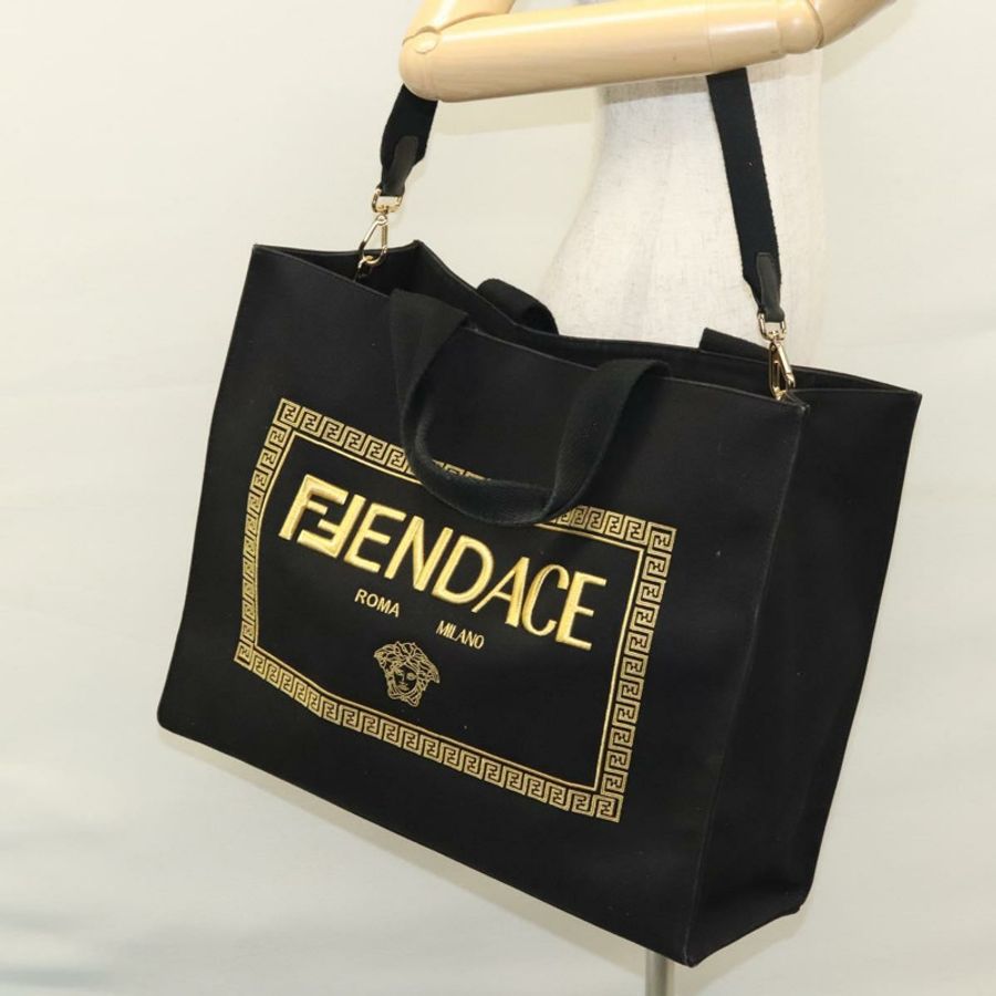 【日本直送】FENDI VERSACE 聯名款 Fenderche 帆布托特包,黑色,兩用款,正品 bs23664-23