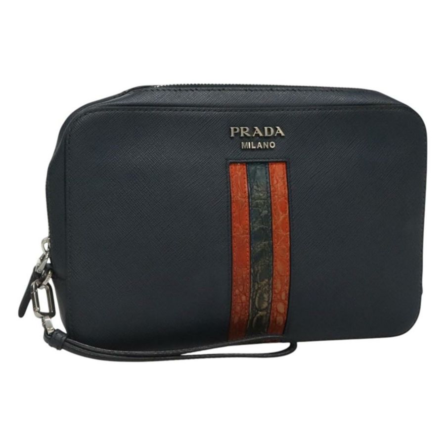 【日本直送】PRADA 手拿包 Safiano 皮革 海軍藍 銀色 正品 BD1408-0