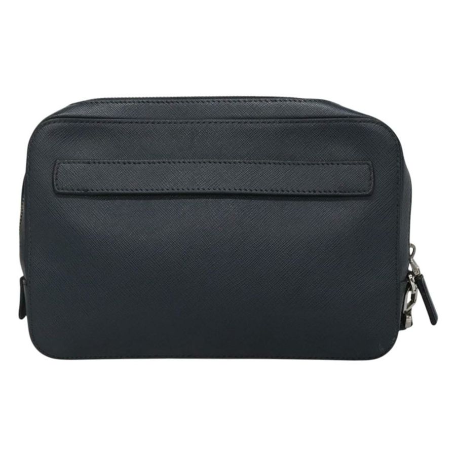 【日本直送】PRADA 手拿包 Safiano 皮革 海軍藍 銀色 正品 BD1408-1