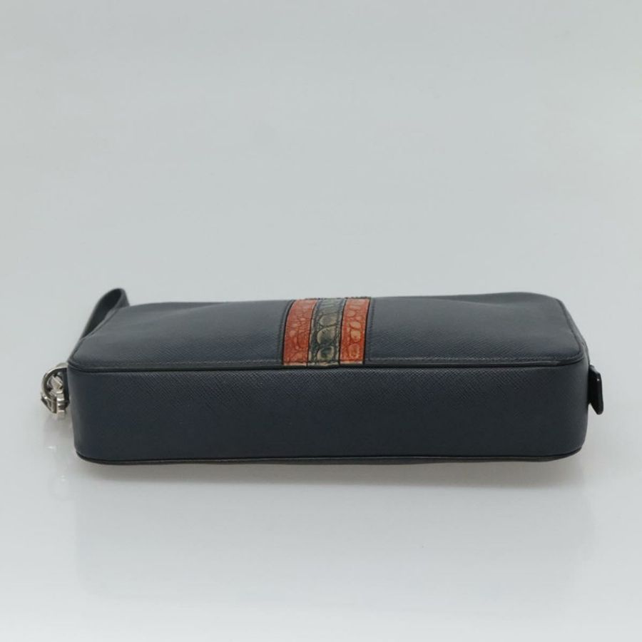 【日本直送】PRADA 手拿包 Safiano 皮革 海軍藍 銀色 正品 BD1408-4